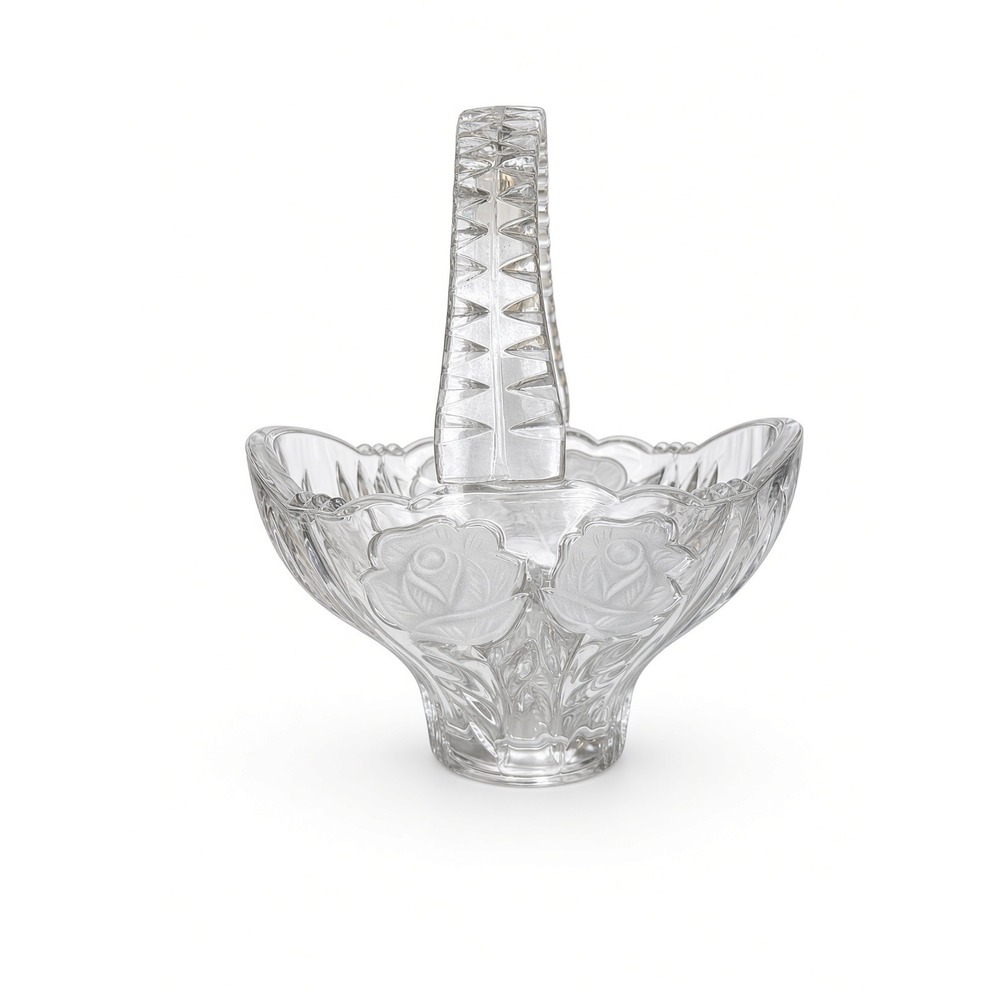 Vintage Frosted Rose Lead Crystal Basket Scalloped Edge Cut Glass Candy Dish 7in